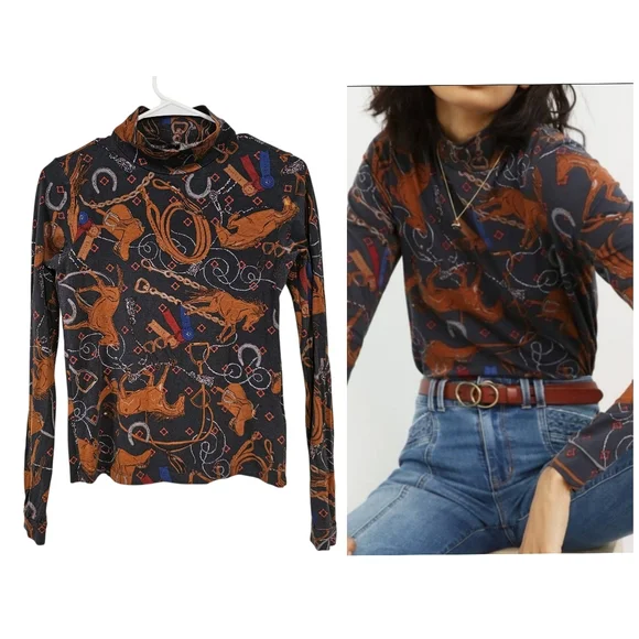 Anthropologie Adventurer Horse Equestrian Western Country Mock Neck Top - Picture 1 of 10